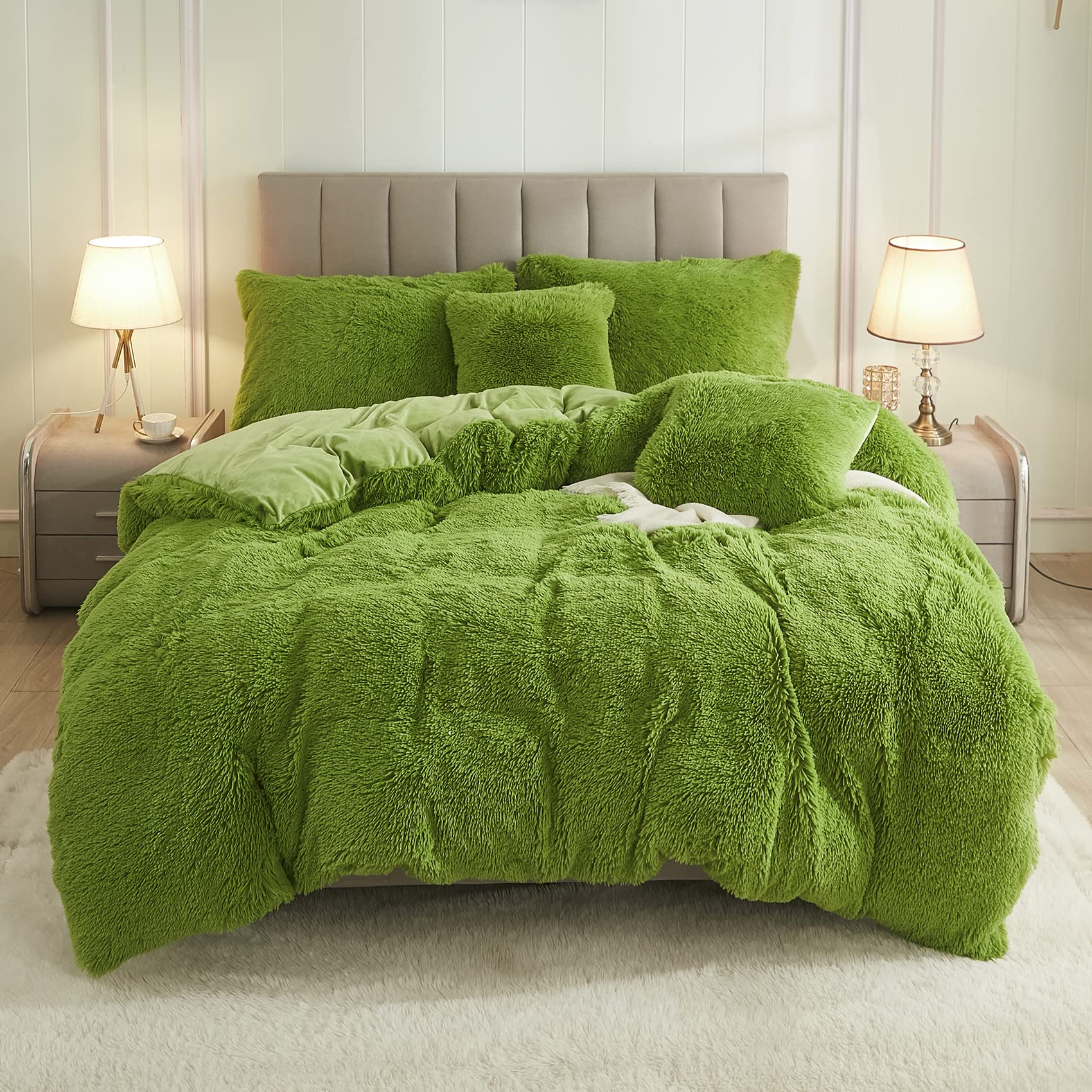 Uhamho Faux Fur Velvet Fluffy Bedding Duvet Cover Set Down Comforter Quilt Cover With Pillow Sham, Ultra Soft Warm (Apple Green,